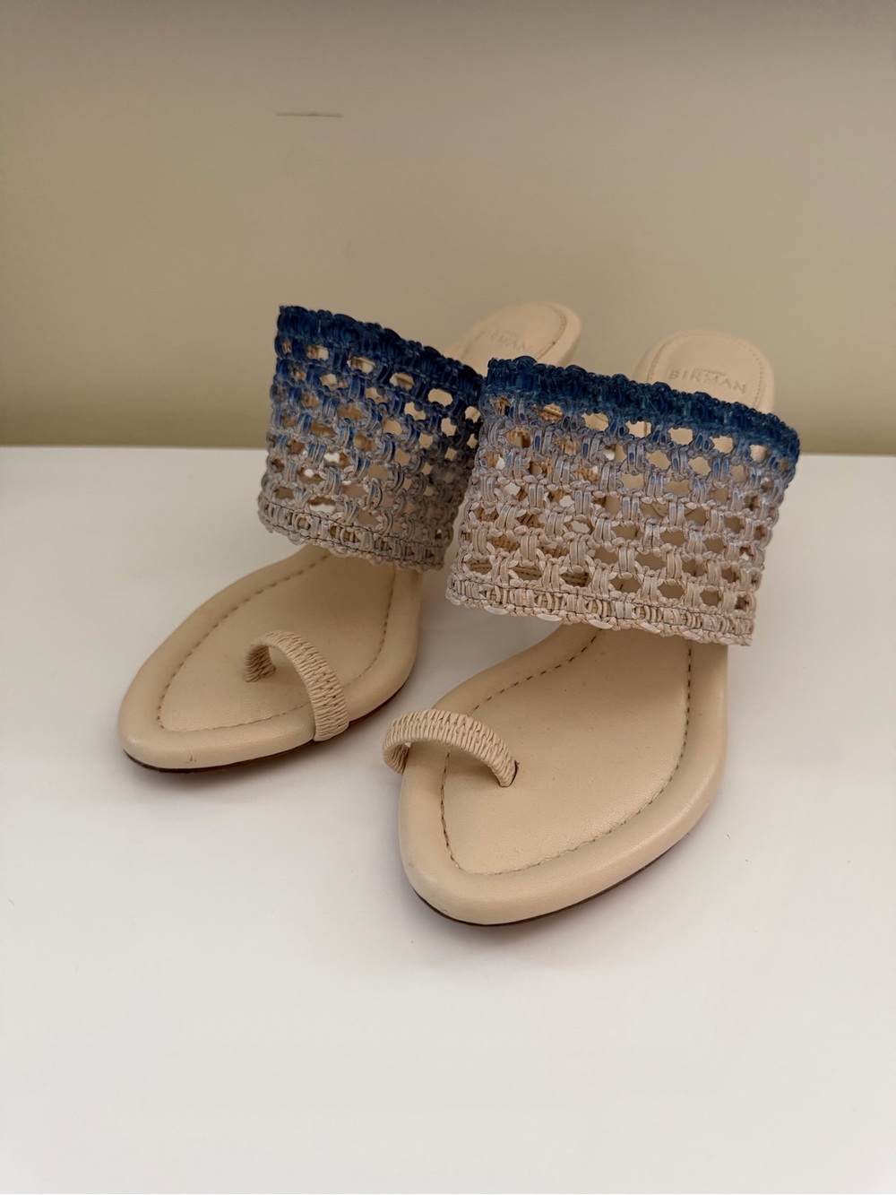 Alexandre Birman Beige and Blue Crochet Toe-Loop Sandals